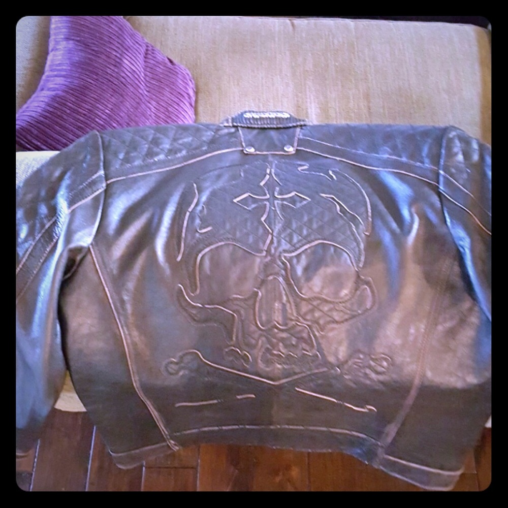 mens skull affliction leather motocycle jacket